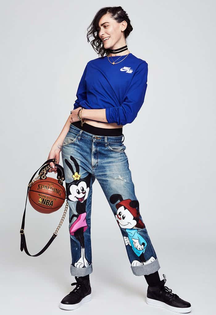 Artist and handbag designer Andrea Bergart carrying the Basketball Purse