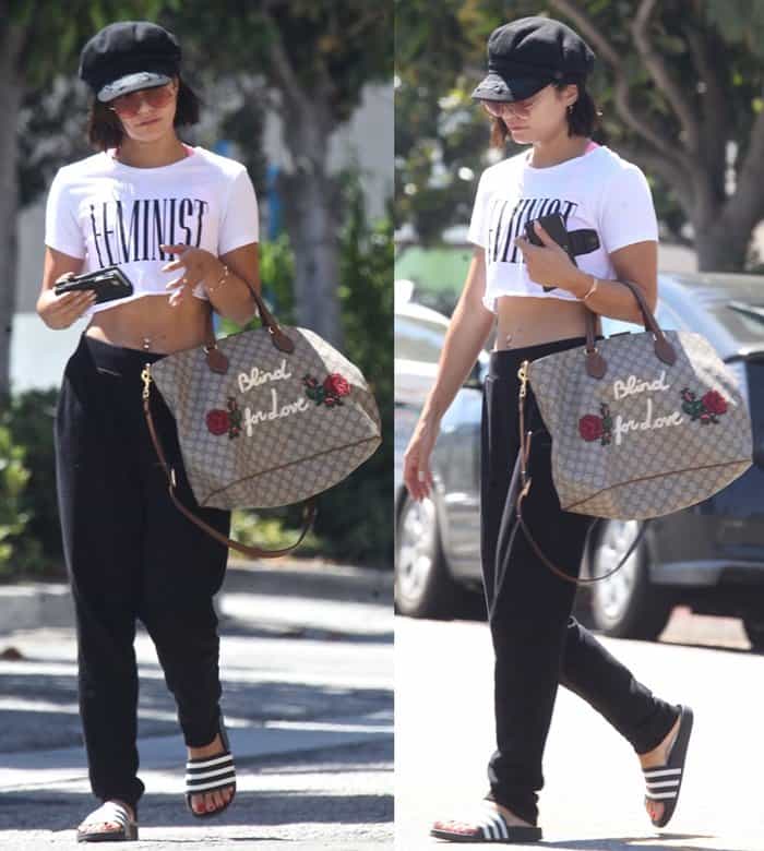 Vanessa Hudgens photographed carrying a Gucci tote with a "Blind for Love" print.