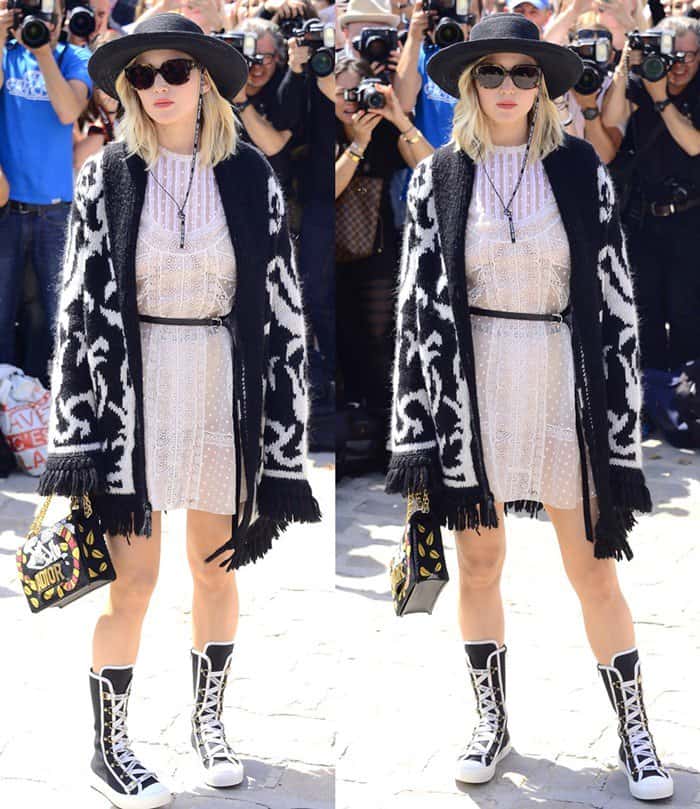 Jennifer Lawrence wearing a stylish Dior ensemble during Paris Fashion Week.