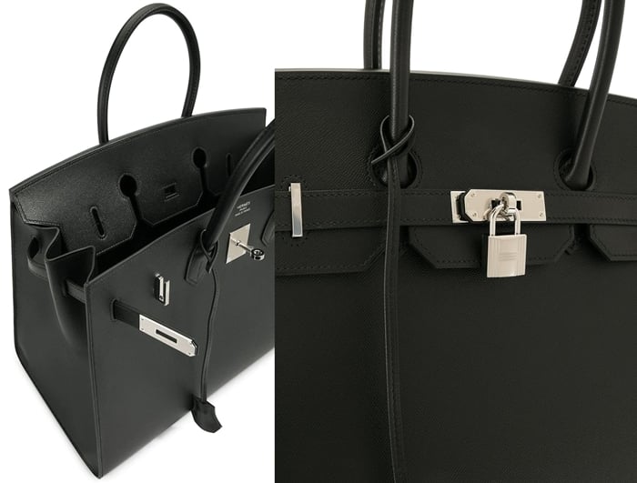 Crafted from elegant black veau Epsom leather, this Birkin tote bag from Hermès is finished with modern silver-tone hardware and a 35cm trapeze body