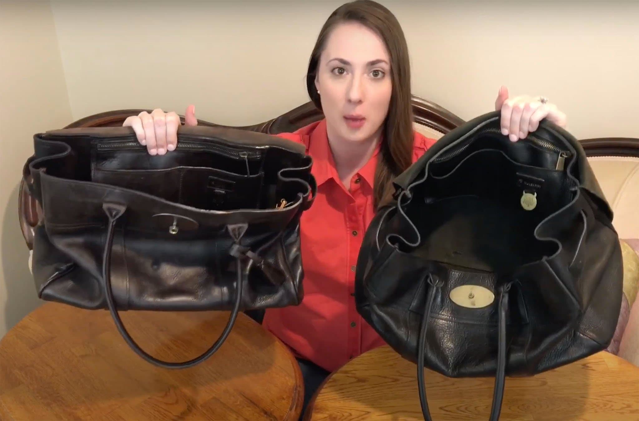 A screenshot from YouTuber Chicprofessor comparing a real Mulberry Bayswater bag (left) from a fake one (right)
