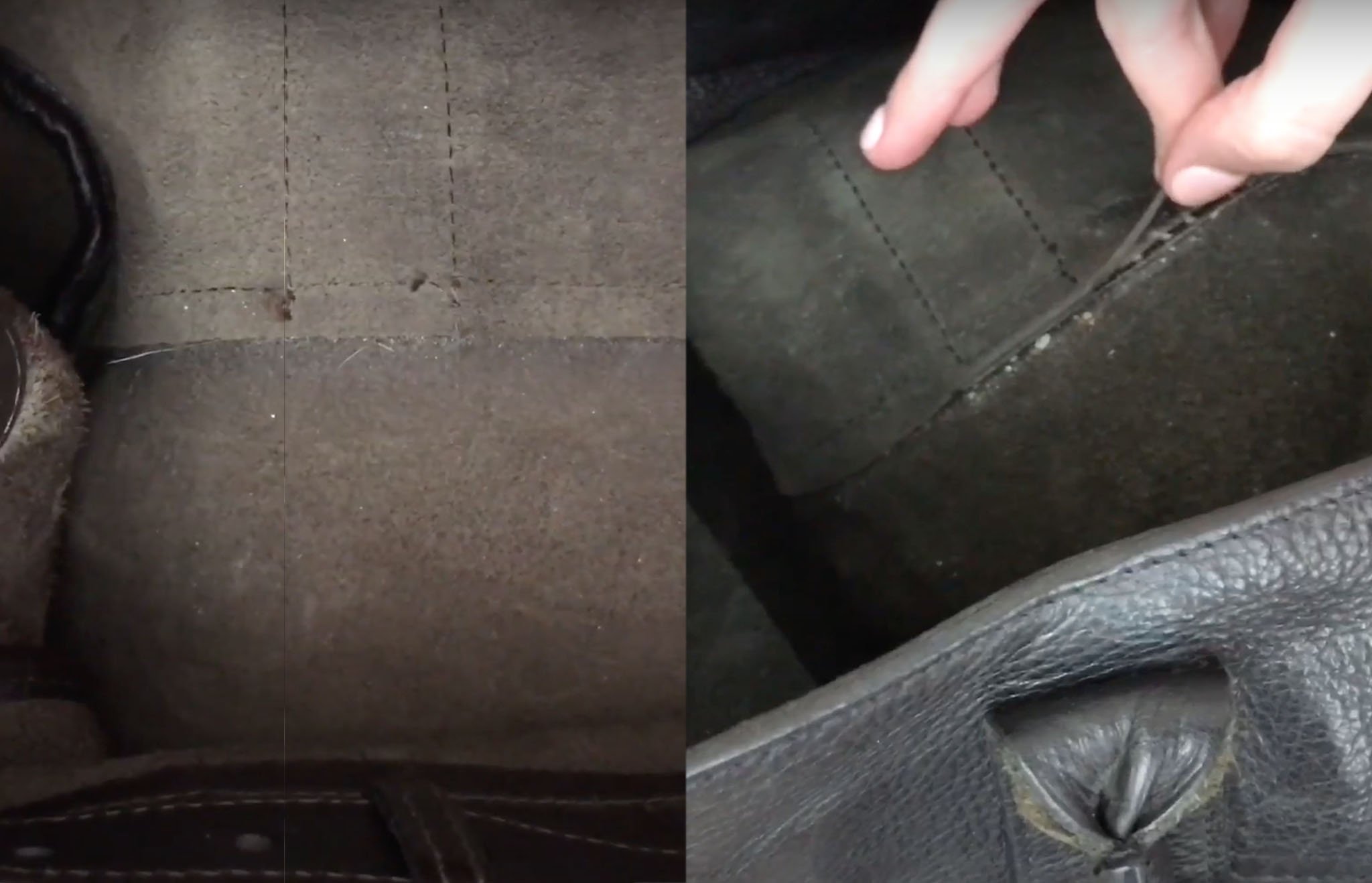 Stitchings on the real Mulberry bag (left) are straight and solid compared to a fake bag (right)