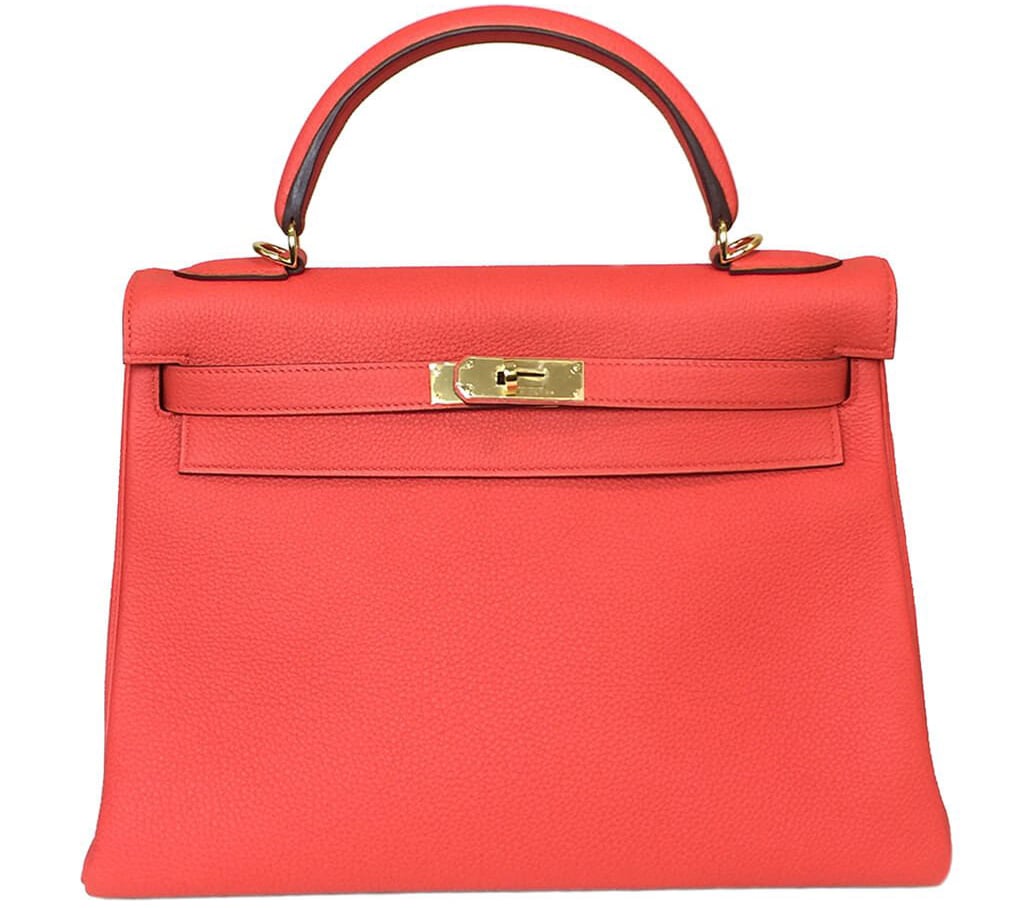 This timeless Hermes Kelly bag is made from Togo leather and has gold-tone hardware that accentuates the bag