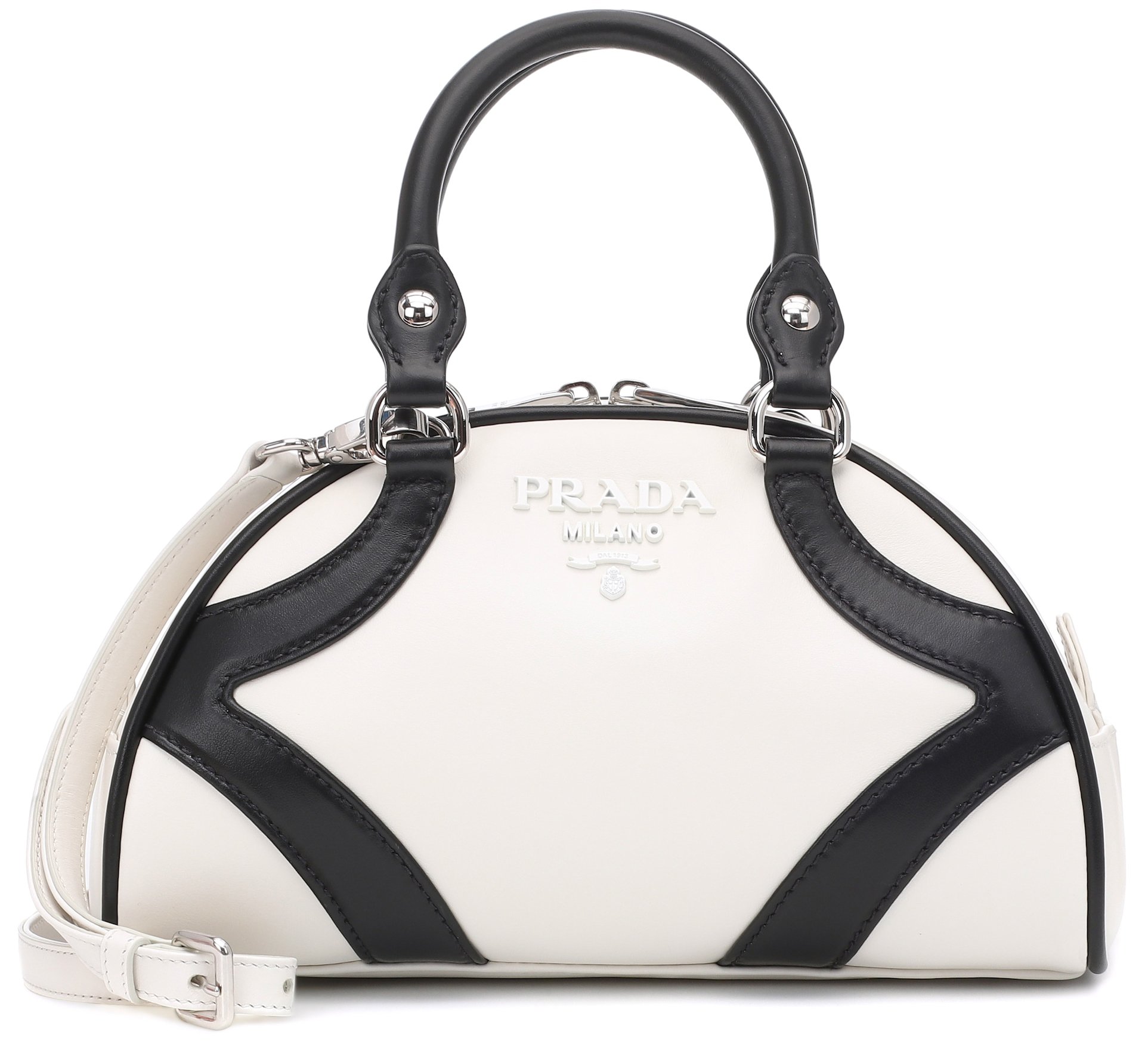 A retro-chic compact bag, the Prada Bowling bag is made in Italy from white leather with contrasting black trim