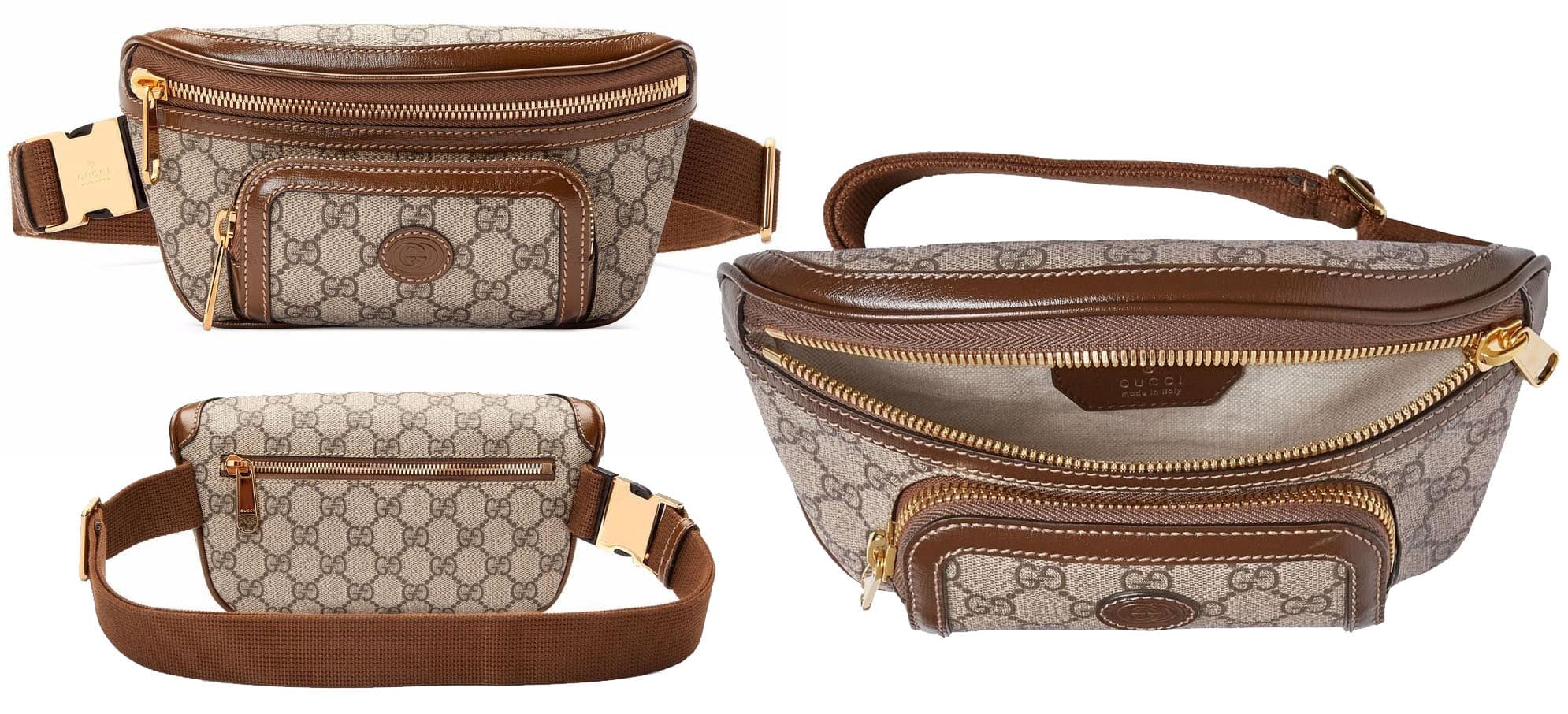 Featuring a vintage-inspired look, this Gucci belt bag is crafted from beige and ebony GG Supreme canvas with a brown leather trim