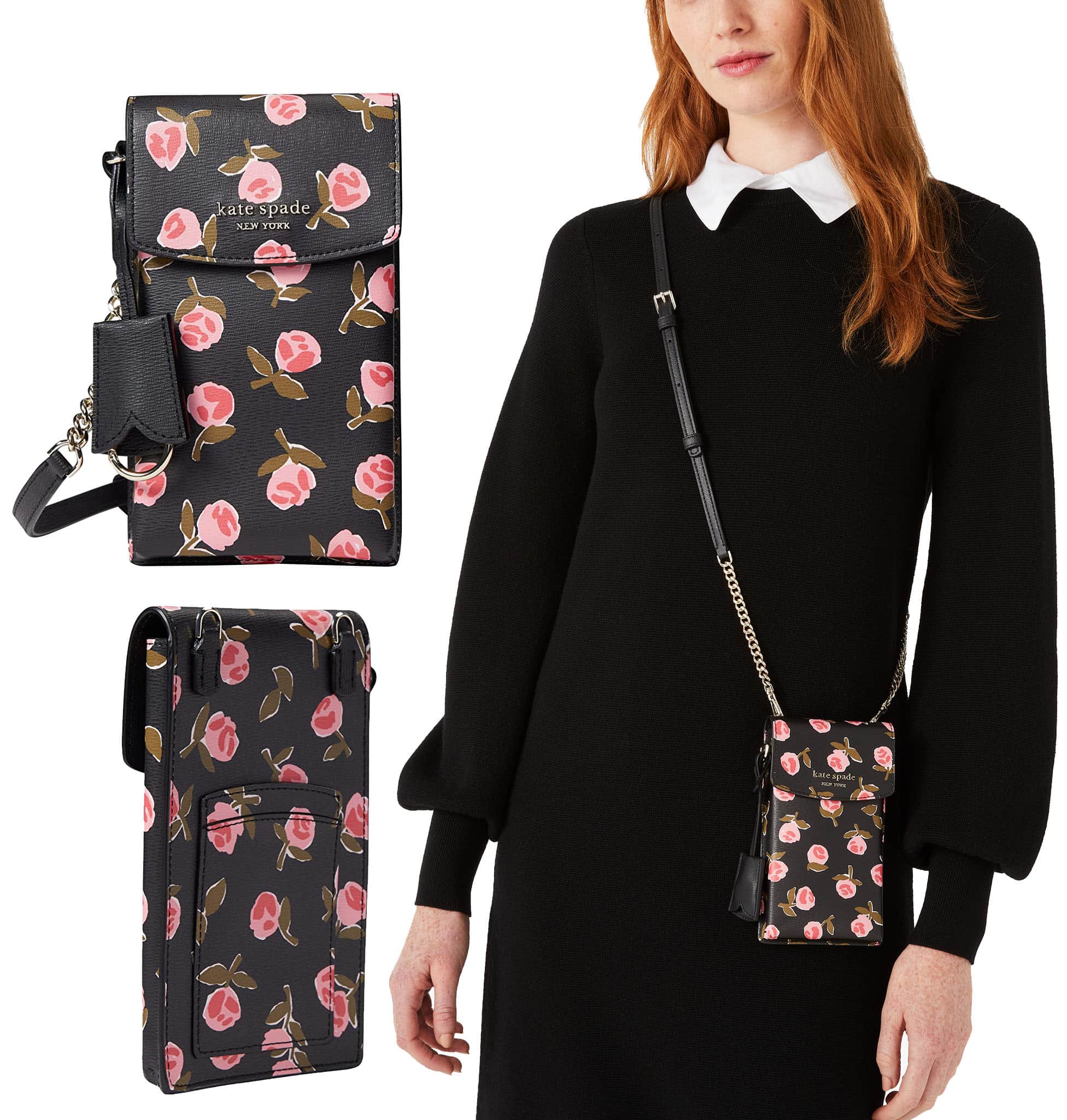 Made of printed PVC, this pretty Kate Spade Ditsy Rose crossbody features a magnetic flap, interior and exterior card slots, and a leather and chain strap