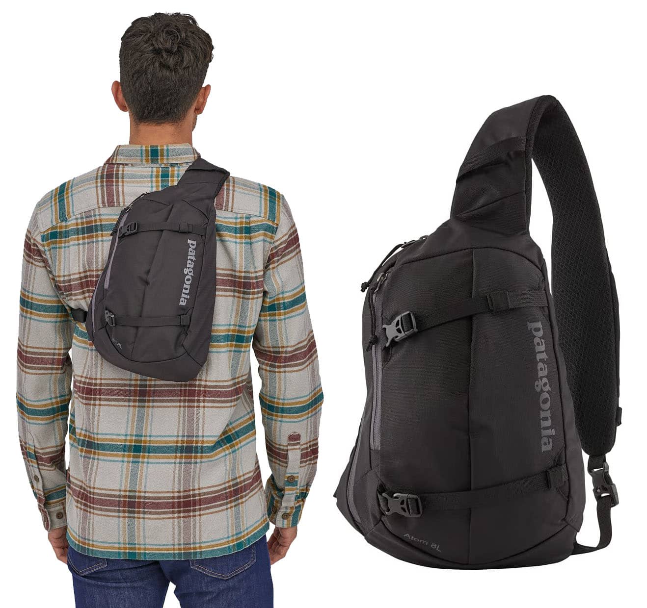 Durable and sustainable, Patagonia's Atom Sling 8L features a classic sling design with multiple pockets and a spacious interior, perfect for any outdoor activities