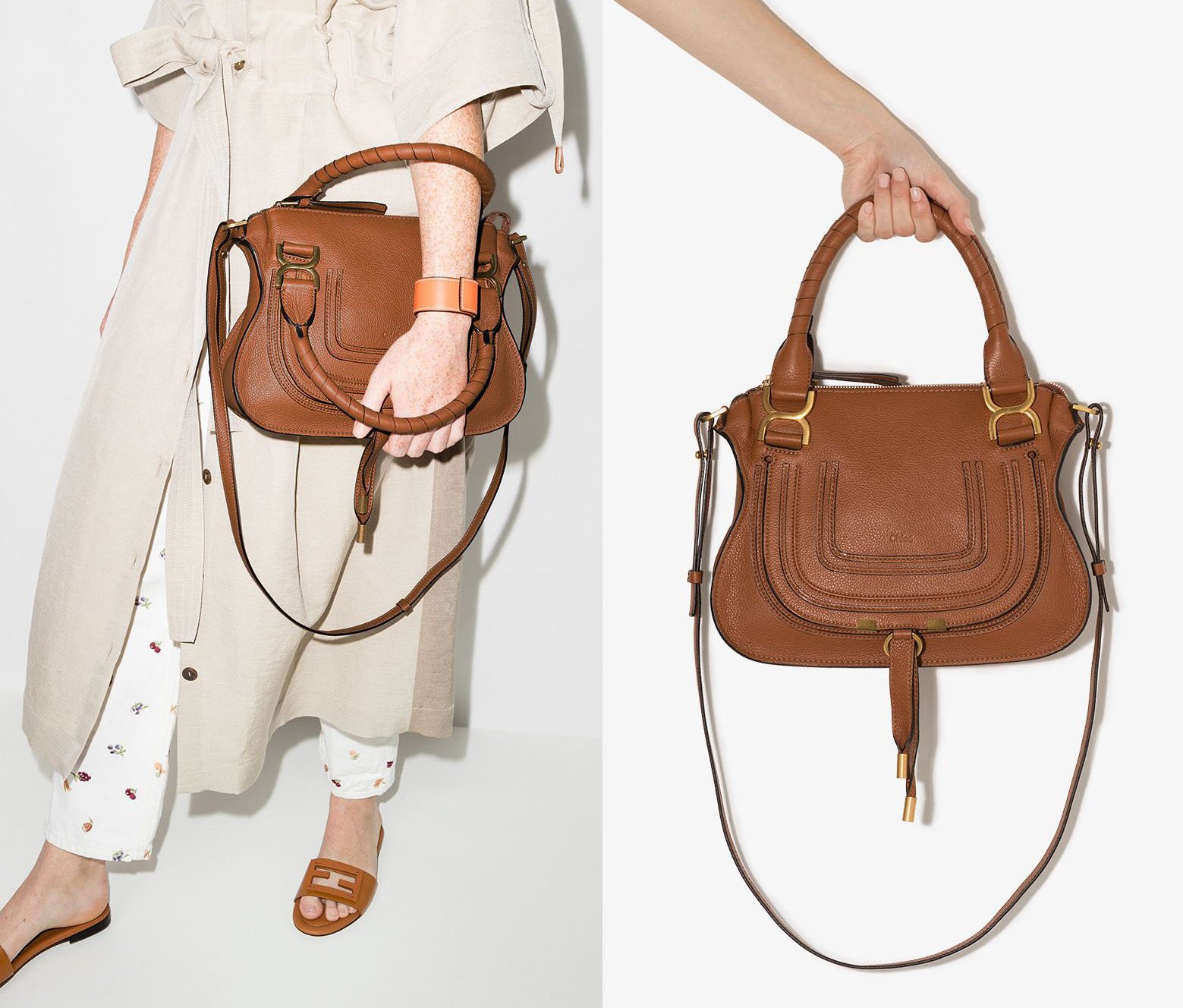 A '70s boho-style bag, the Chloe Marcie is crafted from tan-brown grainy leather and boasts saddle-style stitches and hand-wrapped top handles
