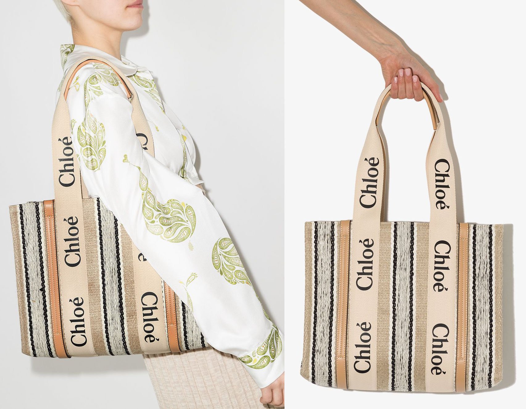 Chloe's Woody tote is defined by its canvas construction and logo branding