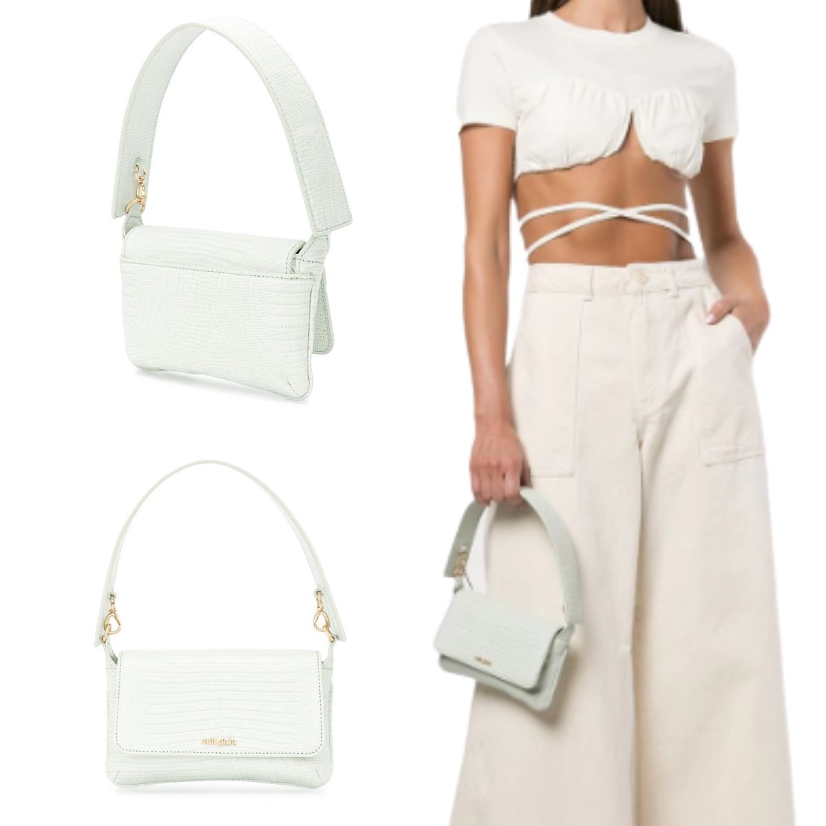 Cult Gaia's raffia and pebble leather Damara Bag in Mint can be carried on the shoulder as a mini silhouette