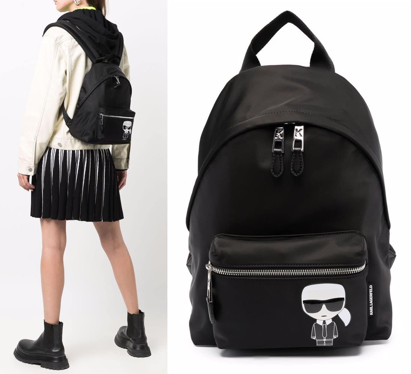Karl Lagerfeld's graphic logo and silver hardware define this rather simple black backpack