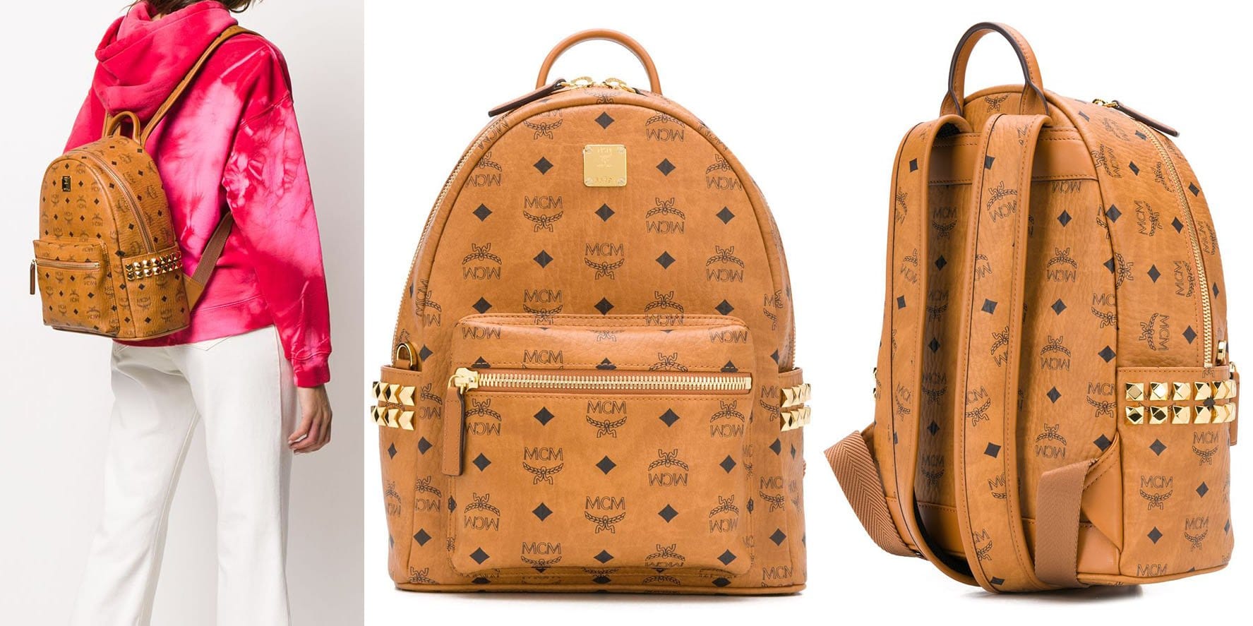 Gold-tone studs and MCM's monogram print add contemporary vibe to this vintage-inspired cognac leather backpack