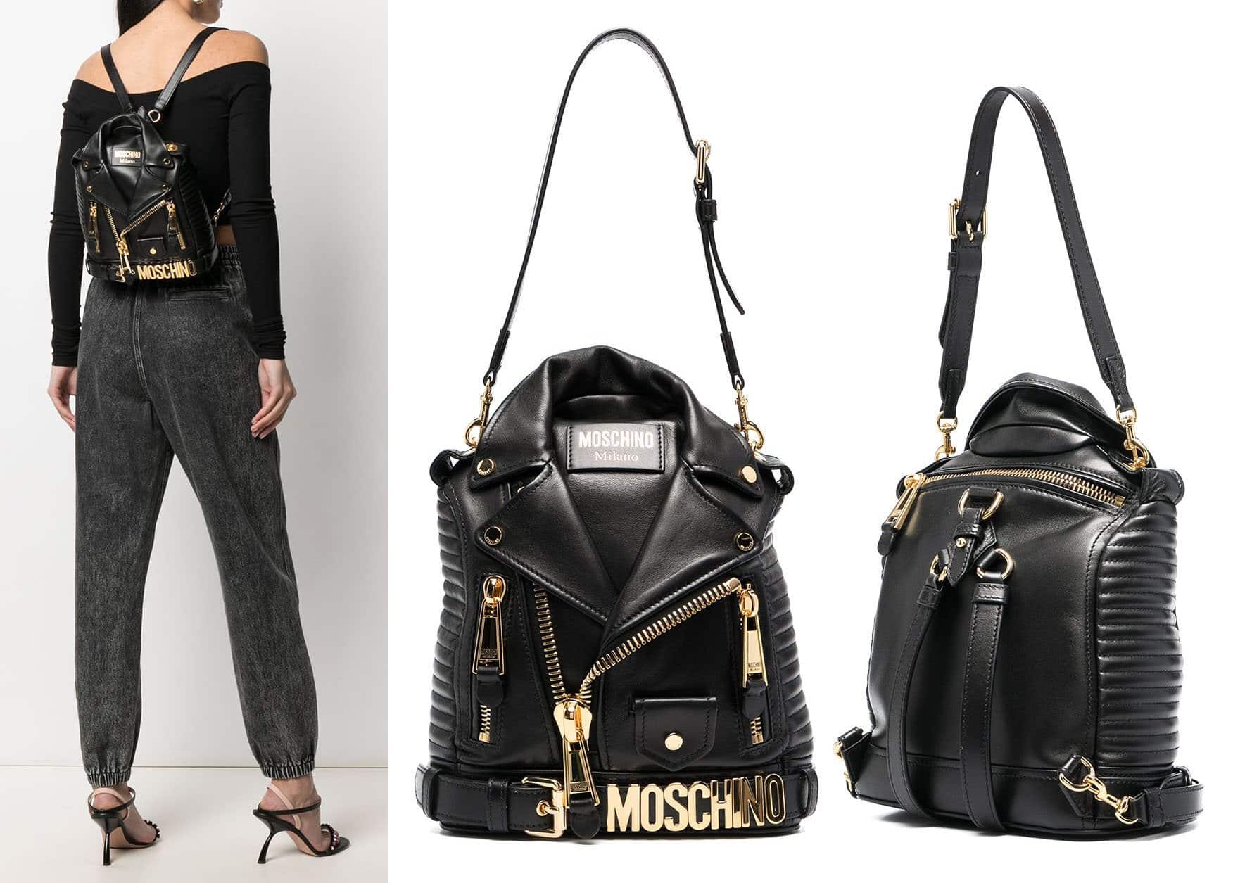 Offering tough-chic edge, Moschino's mini backpack takes inspiration from leather biker jacket and features two adjustable detachable shoulder straps for several carrying options