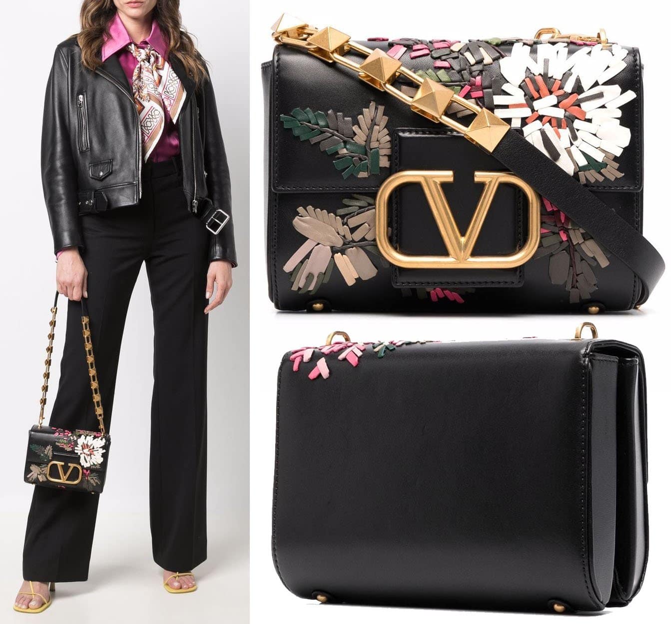 A stand-out little black bag, Valentino's Stud Sign bag features a colorful floral leather embroidery and a chain shoulder strap with iconic maxi studs