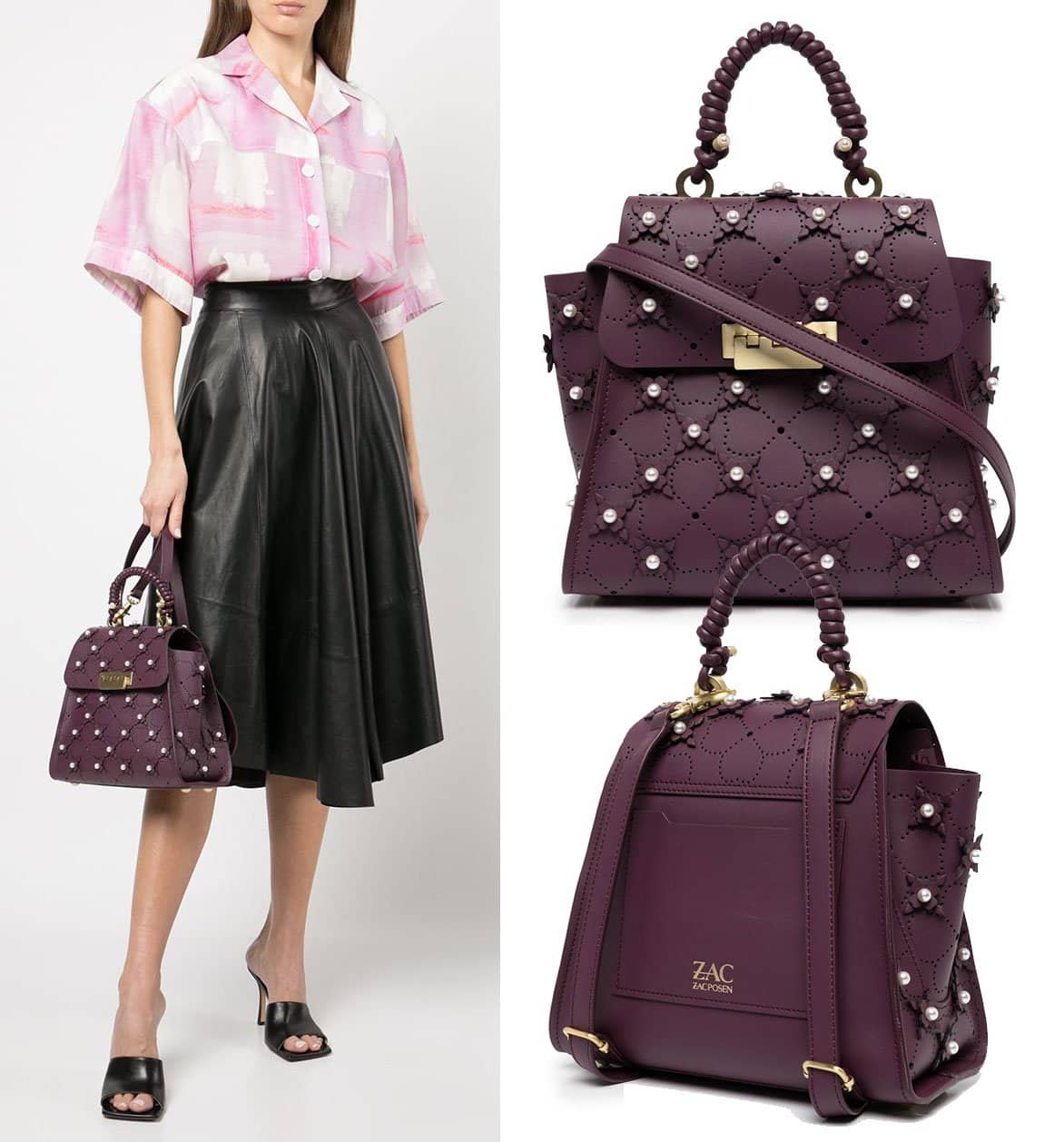 A chic convertible backpack from Zac Posen featuring faux pearls and floral laser-cut detail