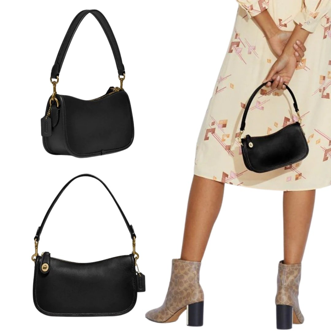 This black zip-top short-strap shoulder bag sits just beneath the underarm for hands-free convenience and includes a detachable strap to wear crossbody