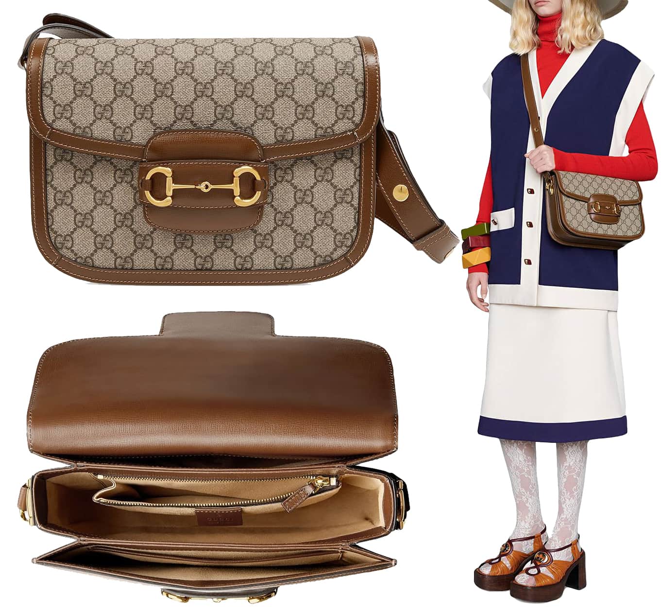 he Gucci 1955 Horsebit shoulder bag is another recreation of an archival design, featuring the Horsebit detail and beige monogram canvas