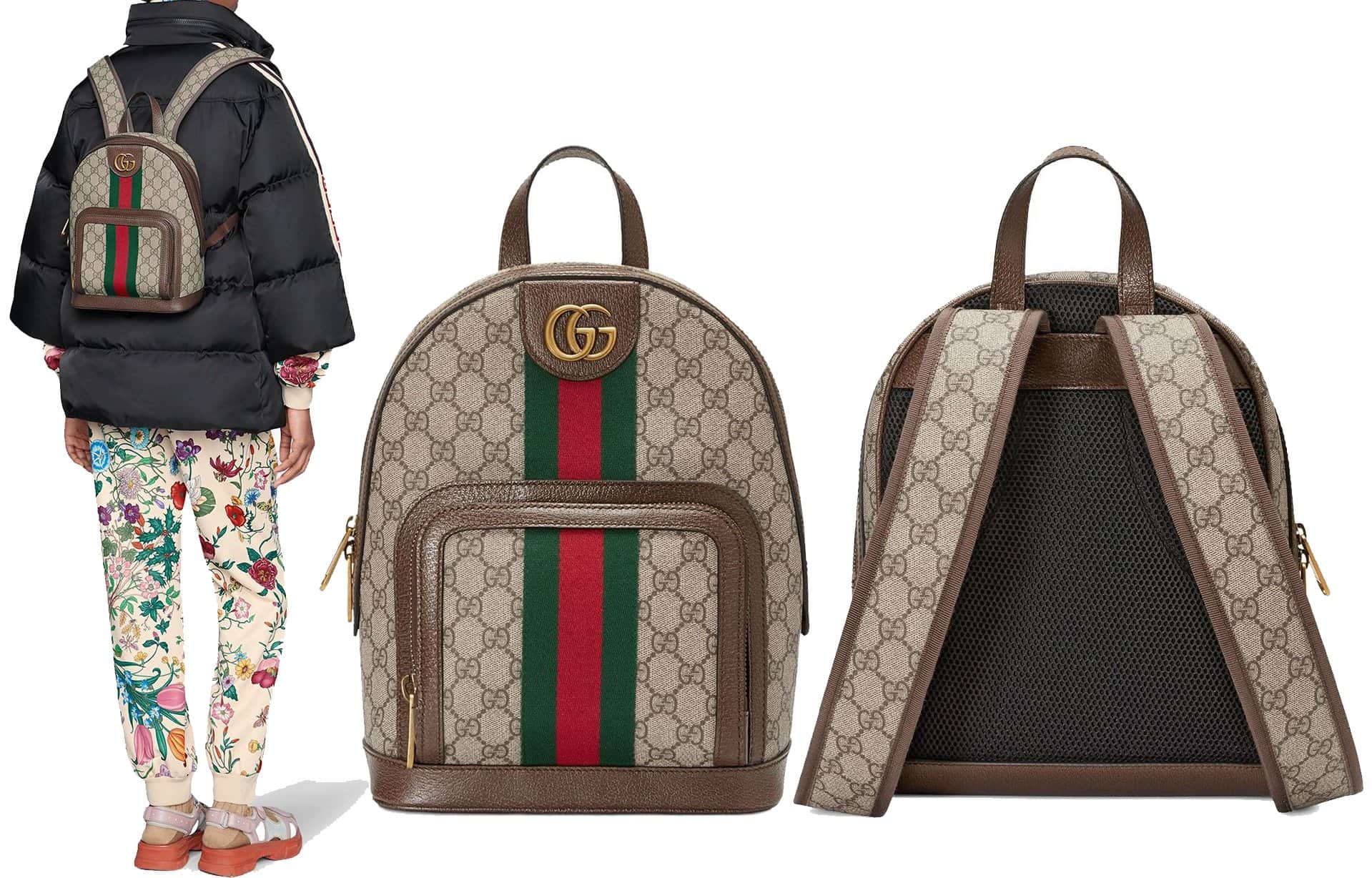 The Ophidia GG small backpack is crafted in GG Supreme canvas with inlaid green and red Web detail and Double G hardware