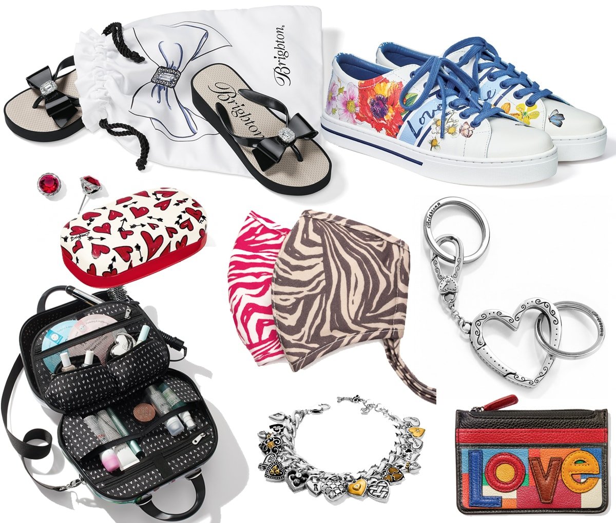 Brighton also offers footwear, coin purses, cosmetic cases, jewelry, face masks, and unique items like earring boxes and keyfobs