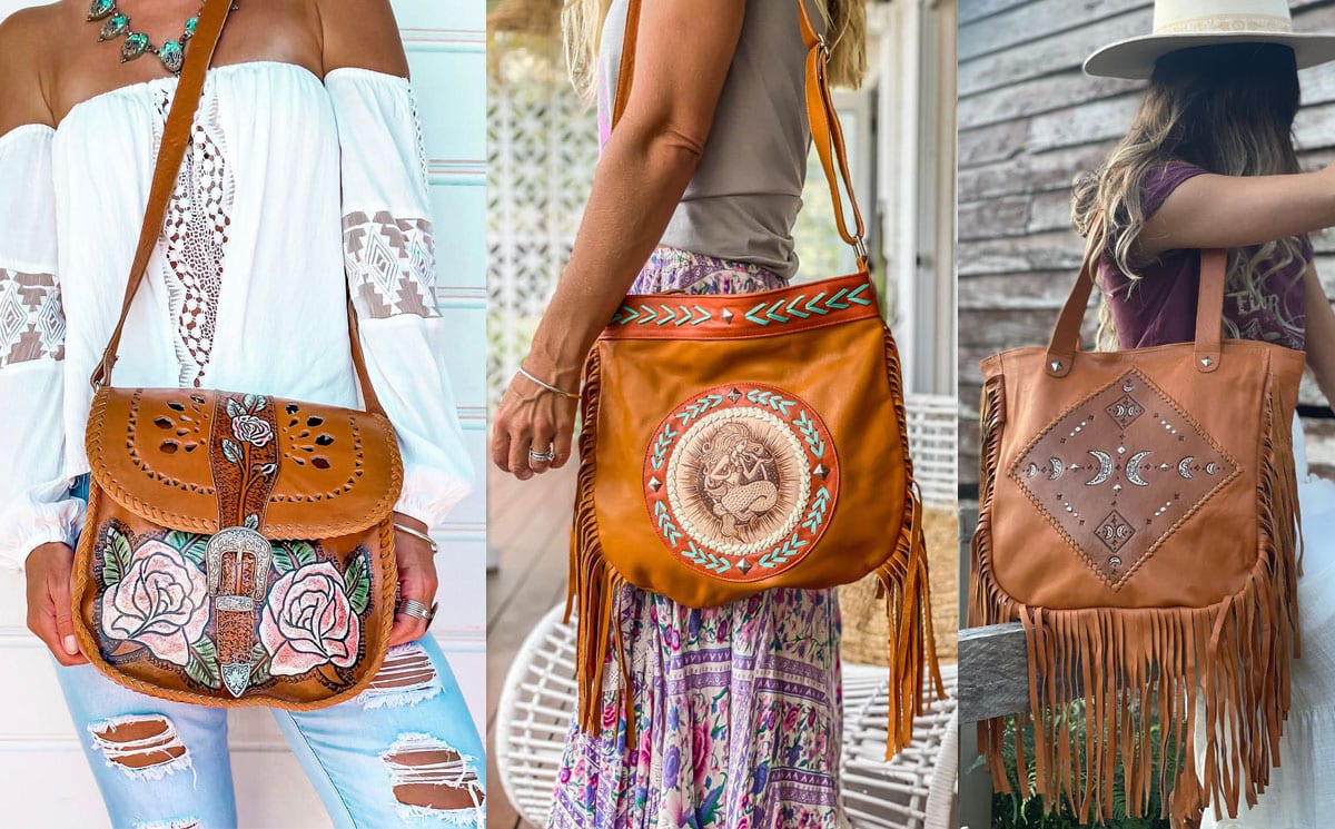 Australian brand Mahiya creates vintage-inspired bags that incorporate leather stitching, fringe, tassels, and woven Aztec fabric inlays