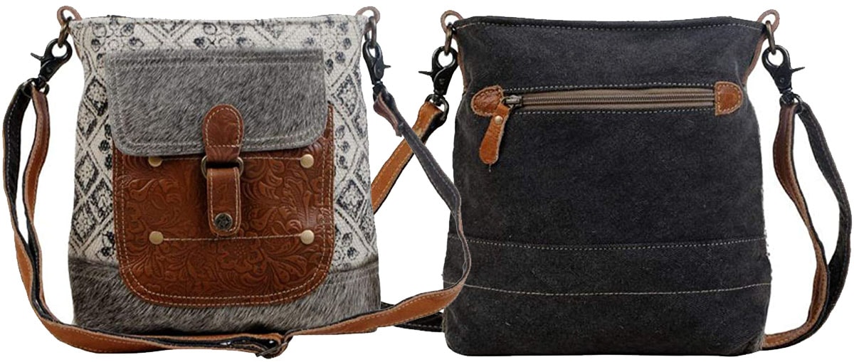 The Perfect Mania bag is a crossbody-style bag made from up-cycled canvas with embossed leather and faux hairon leather