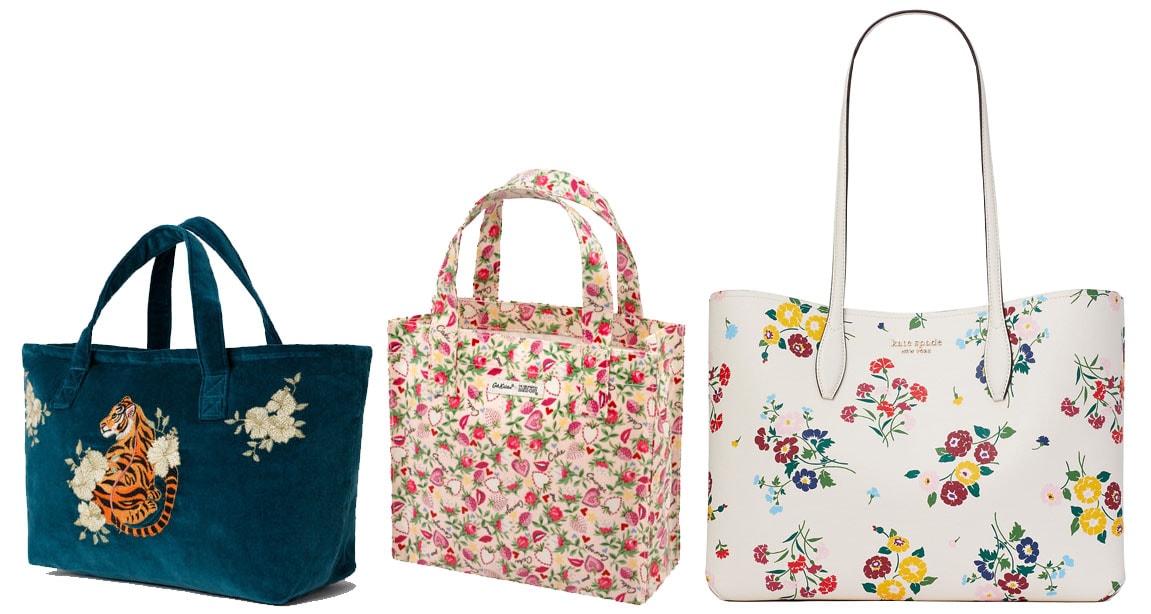 Elizabeth Scarlett Tiger Day Bag, Cath Kidston GBBO Showstopper Ditsy Small Bookbag, Kate Spade All Day Bouquet Toss Large Tote