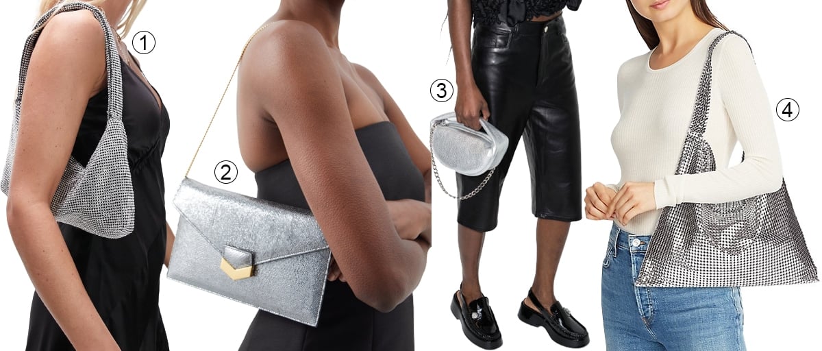 1. Topshop Sindy Diamante Shoulder Bag; 2. Demellier The London Metallic-Leather Crossbody Bag; 3. By Far Baby Cush Mini Bag; 4. Paco Rabanne Sac Porte Epaul Mesh Shoulder Bag